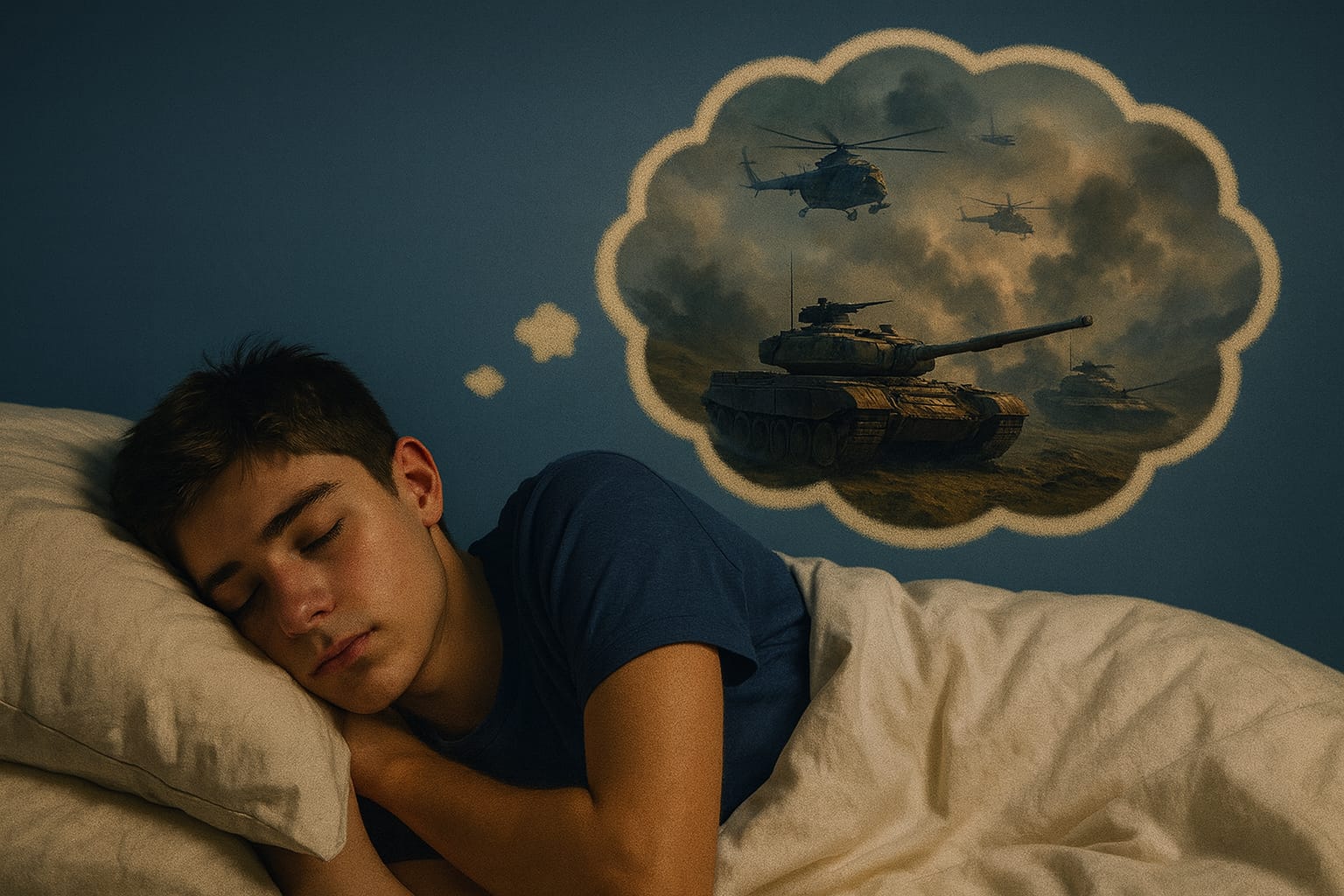 Sognare la guerra: paesaggio onirico con simboli di conflitto